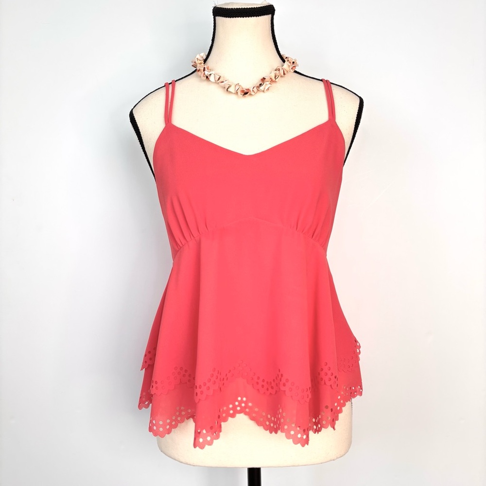 HYFVE Coral Chiffon Babydoll Eyelet-Hem‎ Spaghetti Strap Camisole Top M